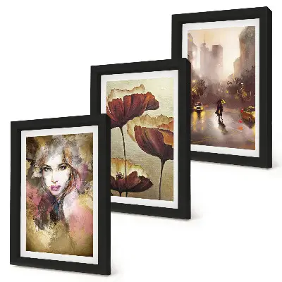 Abstract portrait of a woman, flowers, and city in the rain wall art framed triptych