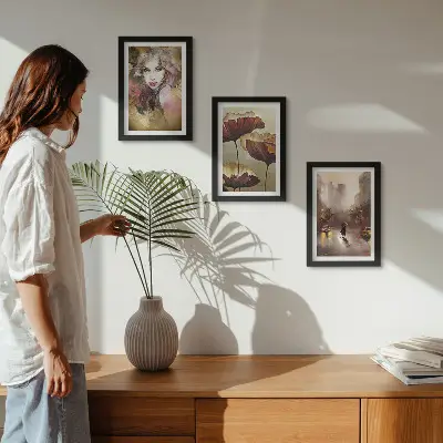 Abstract portrait of a woman, flowers, and city in the rain wall art framed triptych