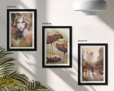 Framed triptych Abstract portrait of a woman, flowers, city in the rain