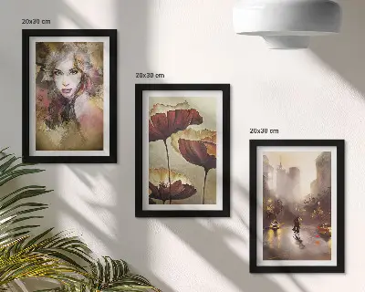 Abstract portrait of a woman, flowers, and city in the rain wall art framed triptych