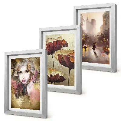 Abstract portrait of a woman, flowers, and city in the rain wall art framed triptych