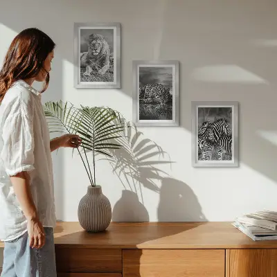 3-piece wall art set wild animals of the savannah featuring a lion, jaguar, and zebra
