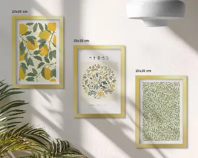 Photo frame wall with lemon motifs and herbal plant leaves