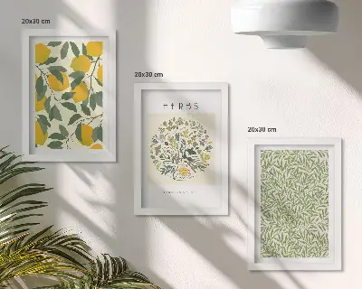 Photo frame wall with lemon motifs and herbal plant leaves