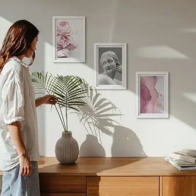 Romantic peonies abstract woman sculpture wall art 3-piece set