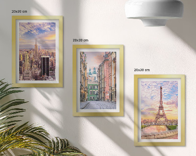 Photo frame wall View of the cities of New York, Paris and Warsaw at dusk