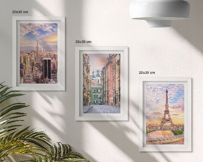 Photo frame wall View of the cities of New York, Paris and Warsaw at dusk