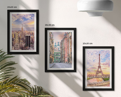 Photo frame wall View of the cities of New York, Paris and Warsaw at dusk