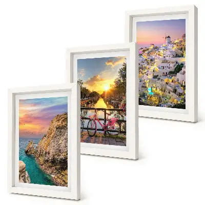 Seaside views with sunset and city framed triptych