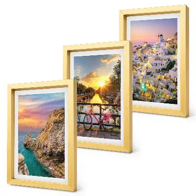 Seaside views with sunset and city framed triptych