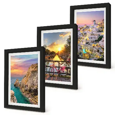 Seaside views with sunset and city framed triptych