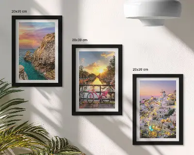 Seaside views with sunset and city framed triptych