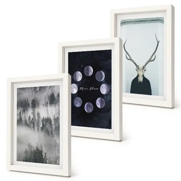3-piece wall art set forest landscape with fog and deer skull moon phases
