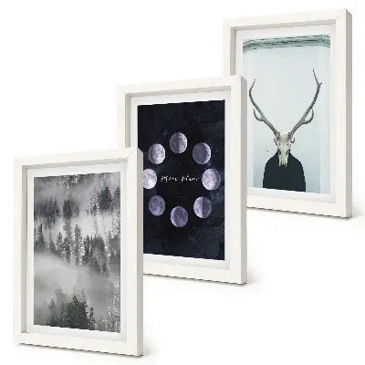 3-piece wall art set forest landscape with fog and deer skull moon phases