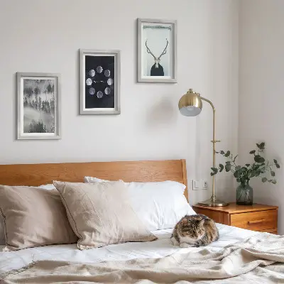 3-piece wall art set forest landscape with fog and deer skull moon phases