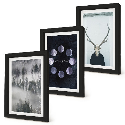 3-piece wall art set Forest landscape in the fog moon phases deer skull