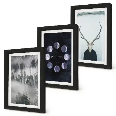 3-piece wall art set forest landscape with fog and deer skull moon phases