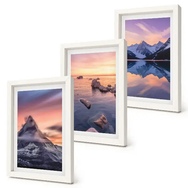 Framed triptych landscapes involving mountains, lakes, and sunsets