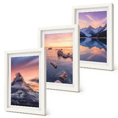 Framed triptych landscapes involving mountains, lakes, and sunsets
