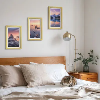 Framed triptych landscapes involving mountains, lakes, and sunsets