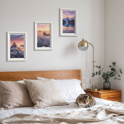 Framed triptych Landscapes of mountains, lakes and sunsets
