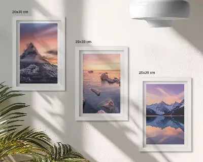Framed triptych landscapes involving mountains, lakes, and sunsets