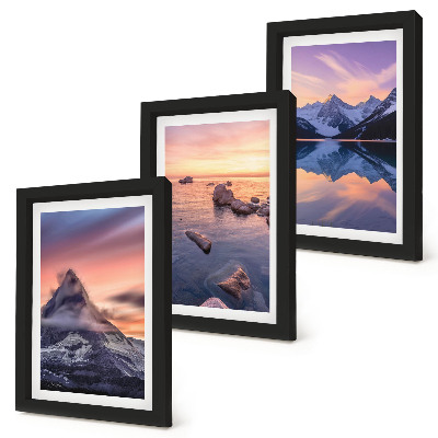 Framed triptych Landscapes of mountains, lakes and sunsets