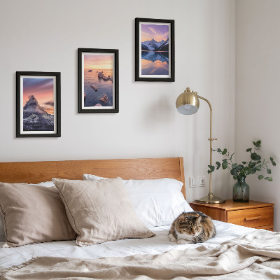 Framed triptych Landscapes of mountains, lakes and sunsets