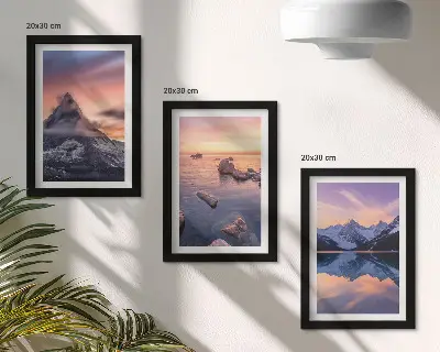 Framed triptych landscapes involving mountains, lakes, and sunsets