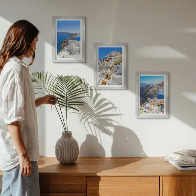 Photo frame wall featuring landscape architecture views of the city of Oia Santorini Greece
