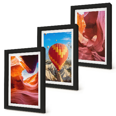 Framed triptych Landscapes of desert gorges and a balloon flight
