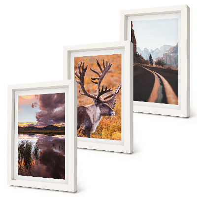 3-piece wall art set Mountain landscapes with reindeer and a road in nature