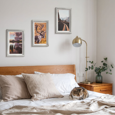 3-piece wall art set Mountain landscapes with reindeer and a road in nature