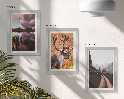 3-piece wall art set Mountain landscapes with reindeer and a road in nature