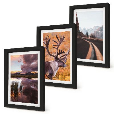 3-piece wall art set Mountain landscapes with reindeer and a road in nature