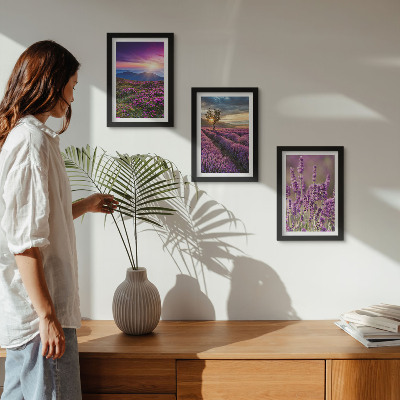 Framed triptych Landscape with lavender fields and sunset