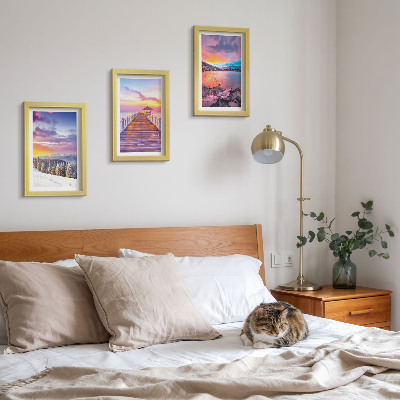 3-piece wall art set Winter mountain landscape with a pier on the lake