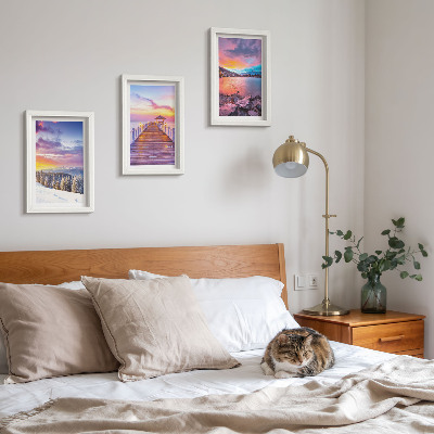 3-piece wall art set Winter mountain landscape with a pier on the lake