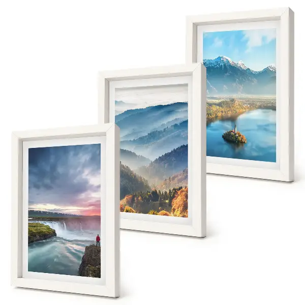 Photo frame wall featuring picturesque mountain landscapes and waterfalls in nature