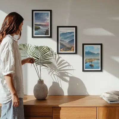 Photo frame wall featuring picturesque mountain landscapes and waterfalls in nature