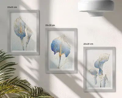 Delicate blue flowers on a light background framed triptych