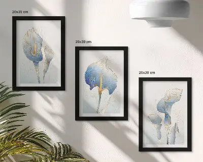 Delicate blue flowers on a light background framed triptych