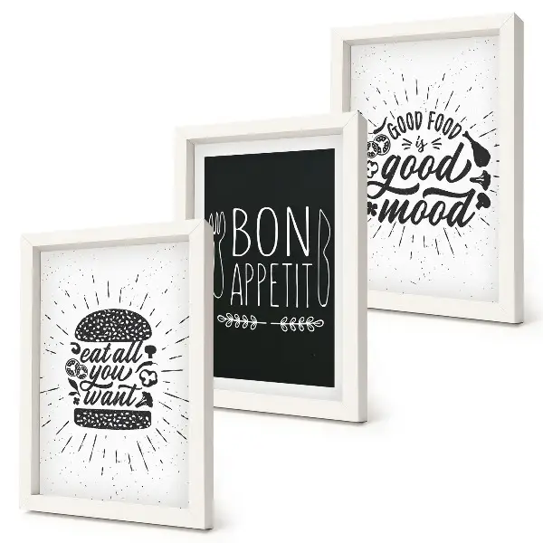 Photo frame wall with graphics featuring food and culinary slogans