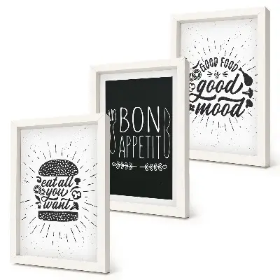 Photo frame wall with graphics featuring food and culinary slogans