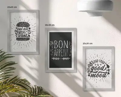 Photo frame wall with graphics featuring food and culinary slogans
