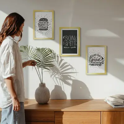 Photo frame wall with graphics featuring food and culinary slogans
