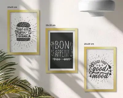 Photo frame wall with graphics featuring food and culinary slogans