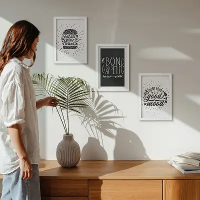 Photo frame wall with graphics featuring food and culinary slogans