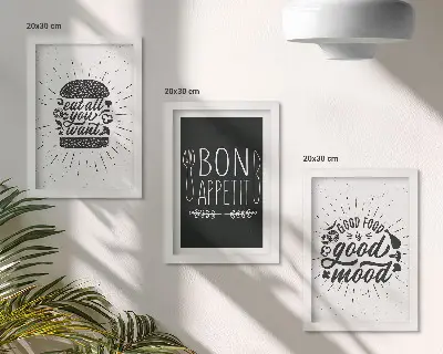 Photo frame wall with graphics featuring food and culinary slogans