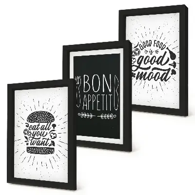 Photo frame wall with graphics featuring food and culinary slogans